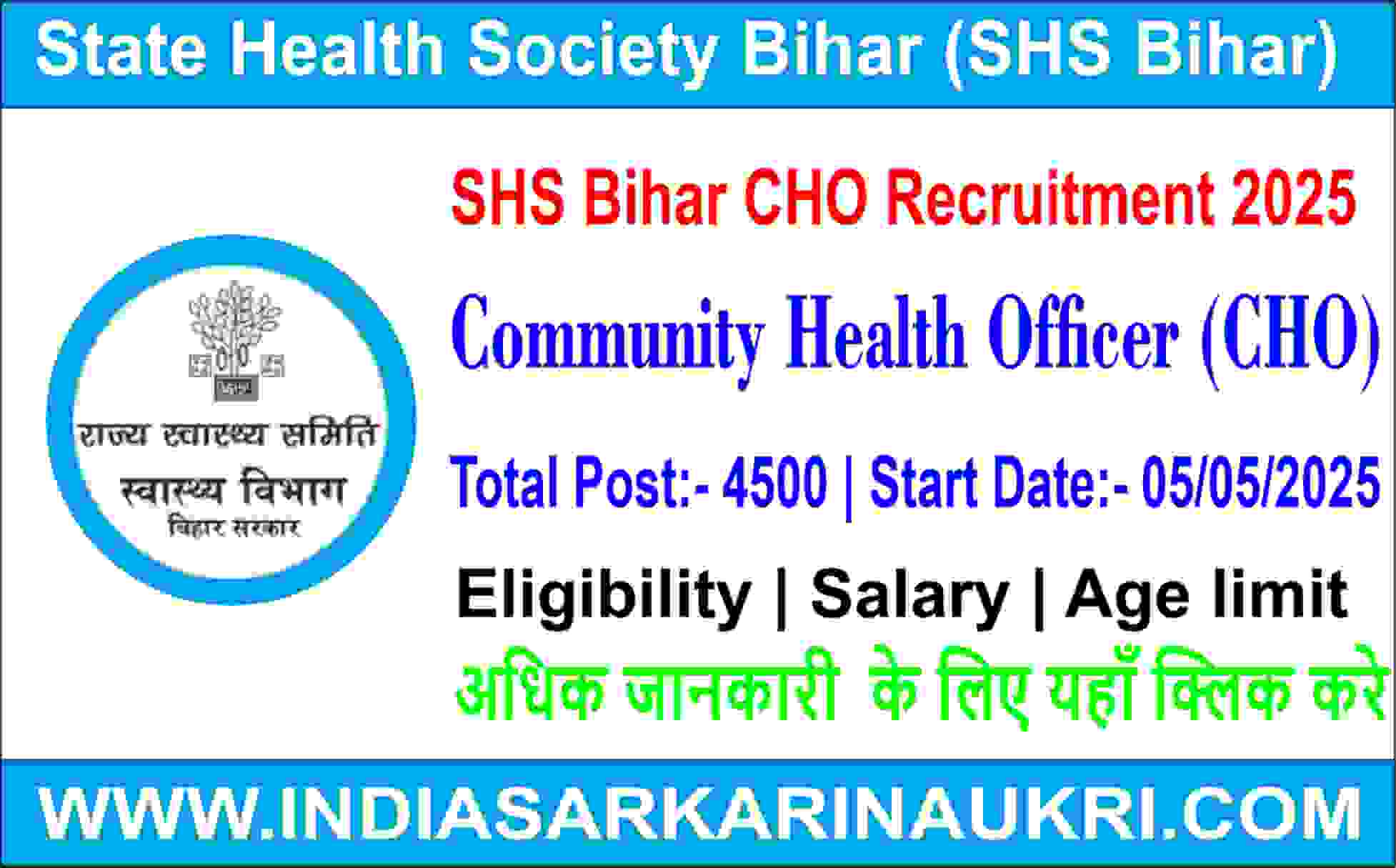 SHS Bihar CHO Recruitment 2025 Apply Online for Community Health Officer 4500 Posts